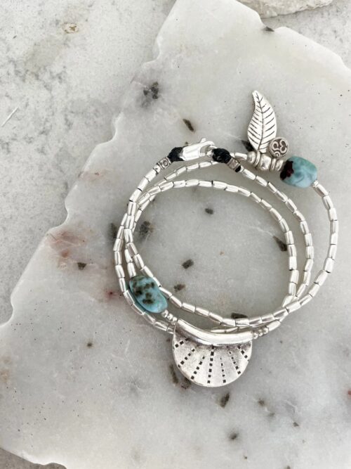 ocean inspired silver jewellery. Pure silver wrap bracelet with silver crescent disc and larimar gemstone - for a beach vibes look- water safe for everyday wear. 3 styles in 1