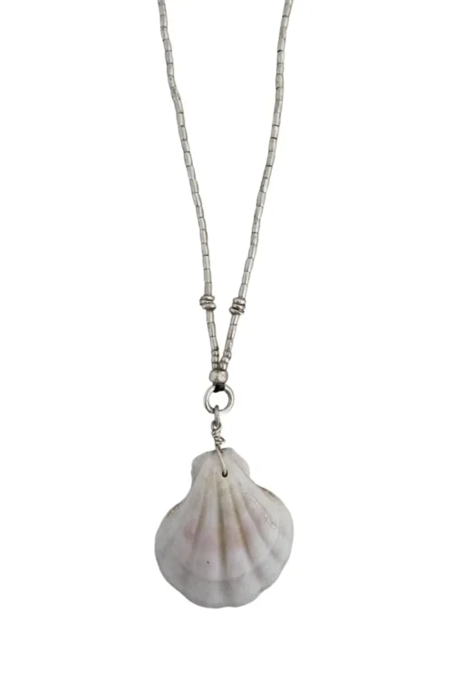 clam shell pendant necklace on silver chain ocean inspired jewellery water safe