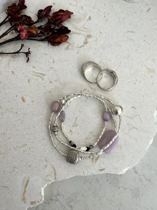 chunky kunzite gemstone pure silver wrap- 3 in 1 style bracelet, anklet, necklace-water safe