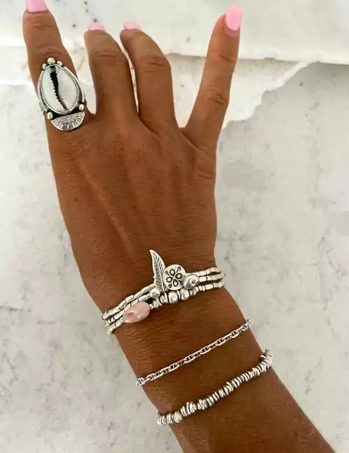 silver wrap bracelet with pink opal gemstone
