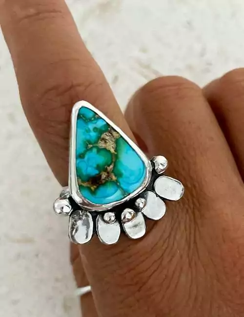 turquoise pear 3 tail feather ring a