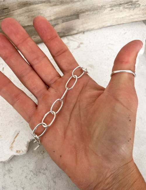oval link hand made large sterling silver chain bracelet