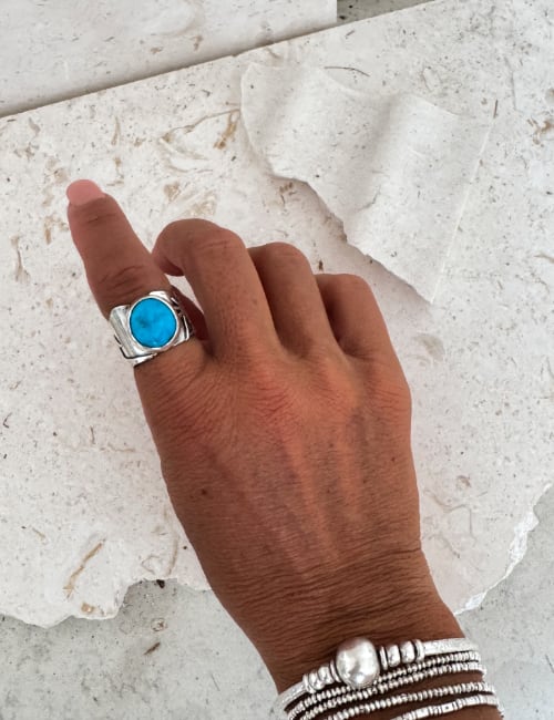 Kingman turquoise wide band silver ring