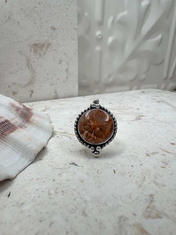 handmade sterling silver fossilised coral ring. inspired by the ocean. Unique jewellery
