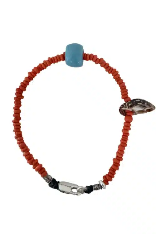 java glass burnt red bracelet with tiny natural shell and blue floating bead ocean inspired bracelet water safe