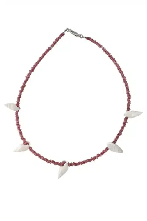 java glass dusty pink beaded necklace with with shell short legnth designed to be layered ocean inspired water safe
