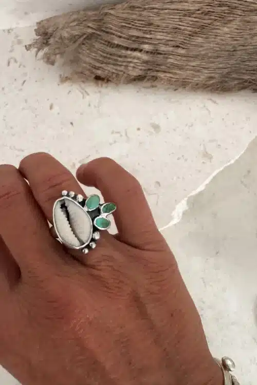 natural cowrie shell with very valley turquoise cluster sterling silver ring