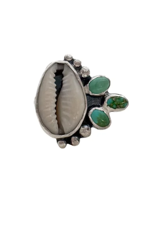 natural cowrie shell with very valley turquoise cluster sterling silver ring