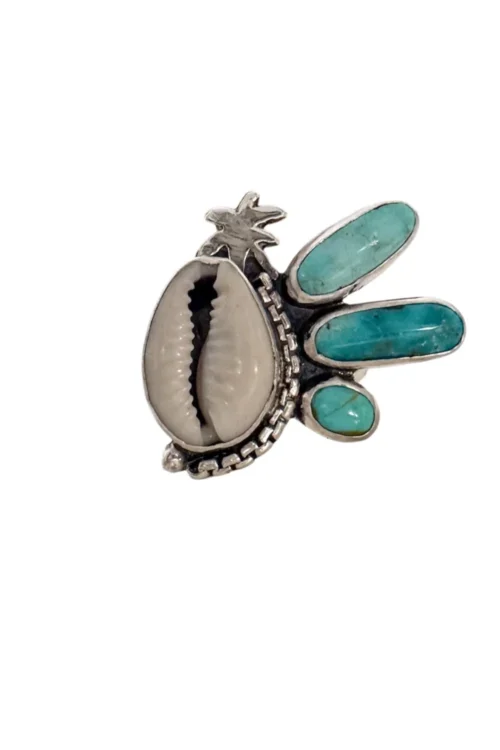 natural cowrie shell with verde valley turquoise and white water turquoise gemstone, featuring sterling silver palm tree detail. sterling silver ring