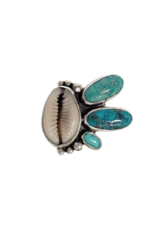 natural cowrie shell with verde valley turquoise and white water turquoise gemstone, sterling silver ring