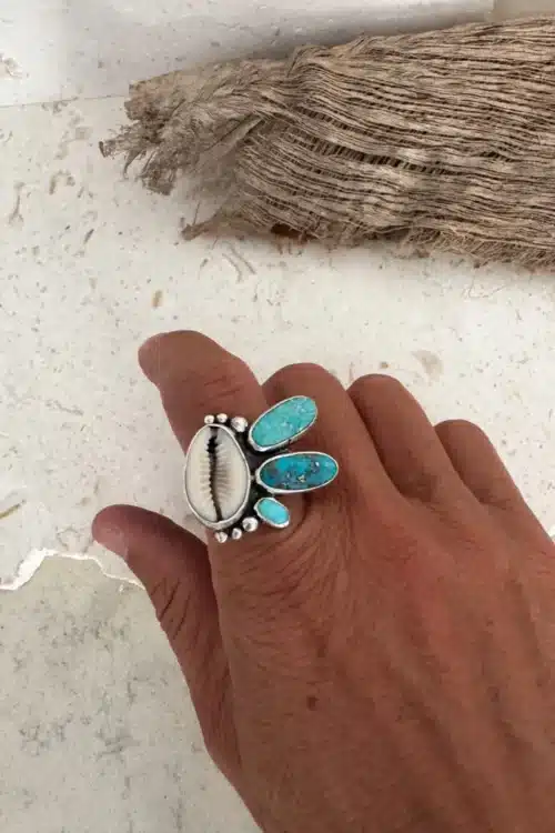natural cowrie shell with verde valley turquoise and white water turquoise gemstone, sterling silver ring