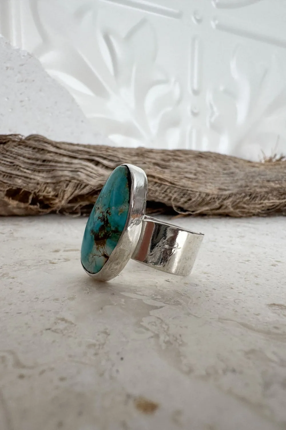 feature gemstone ring with large natural hebei turquoise gemstone sterling silver ring.