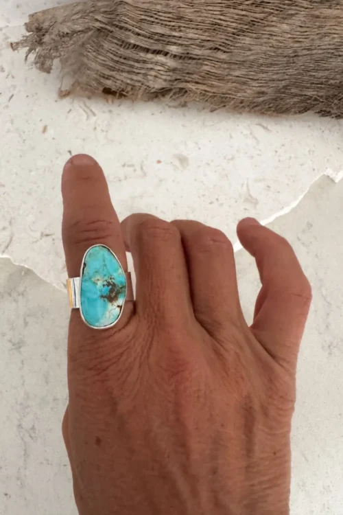 feature gemstone ring with large natural hebei turquoise gemstone sterling silver ring.