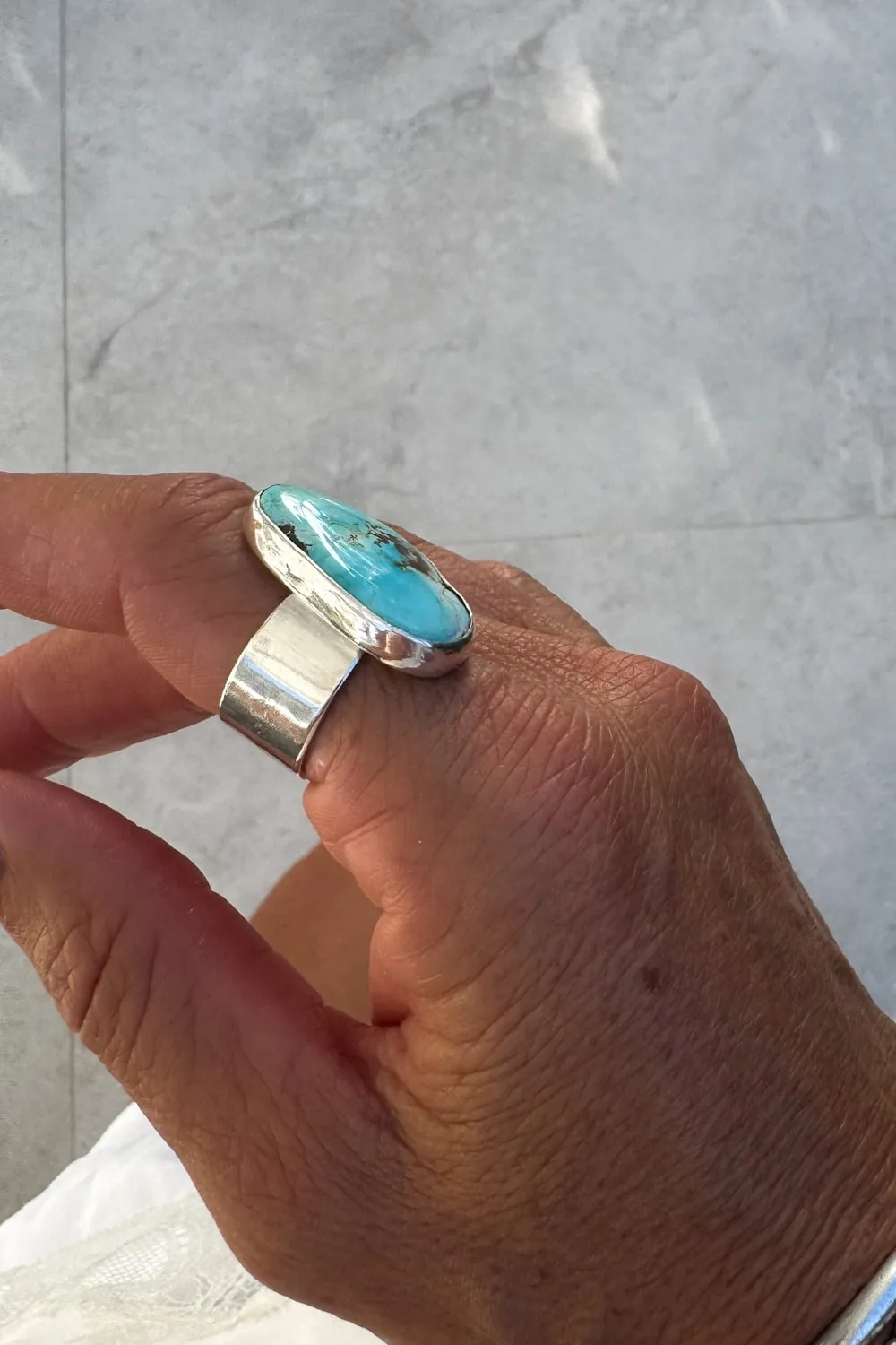 feature gemstone ring with large natural hebei turquoise gemstone sterling silver ring.