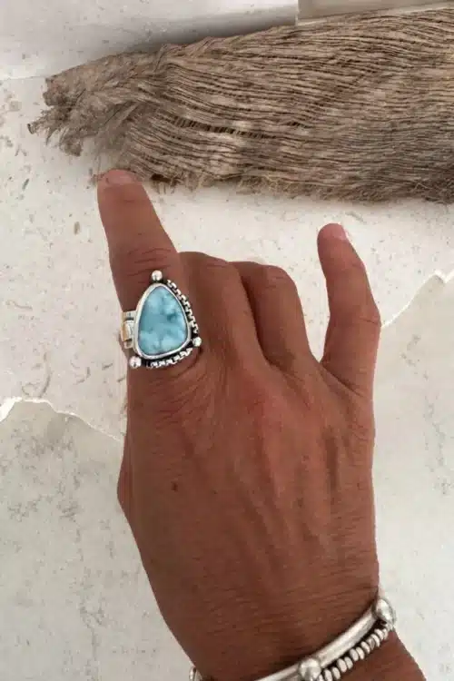 large tri larimar gemstone sterling silver ring. handmade with wide sterling silver shank and wave flow detail. ride the wave hand stamp
