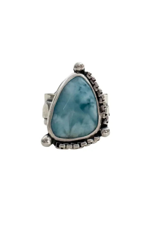 large tri larimar gemstone sterling silver ring. handmade with wide sterling silver shank and wave flow detail. ride the wave hand stamp