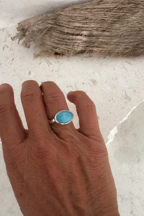 horizontal set oval larimar sterling silver ring. Ocean inspired silver ring