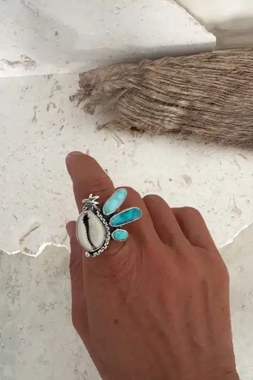 cowrie shell turquoise palm tree sterling silver ring